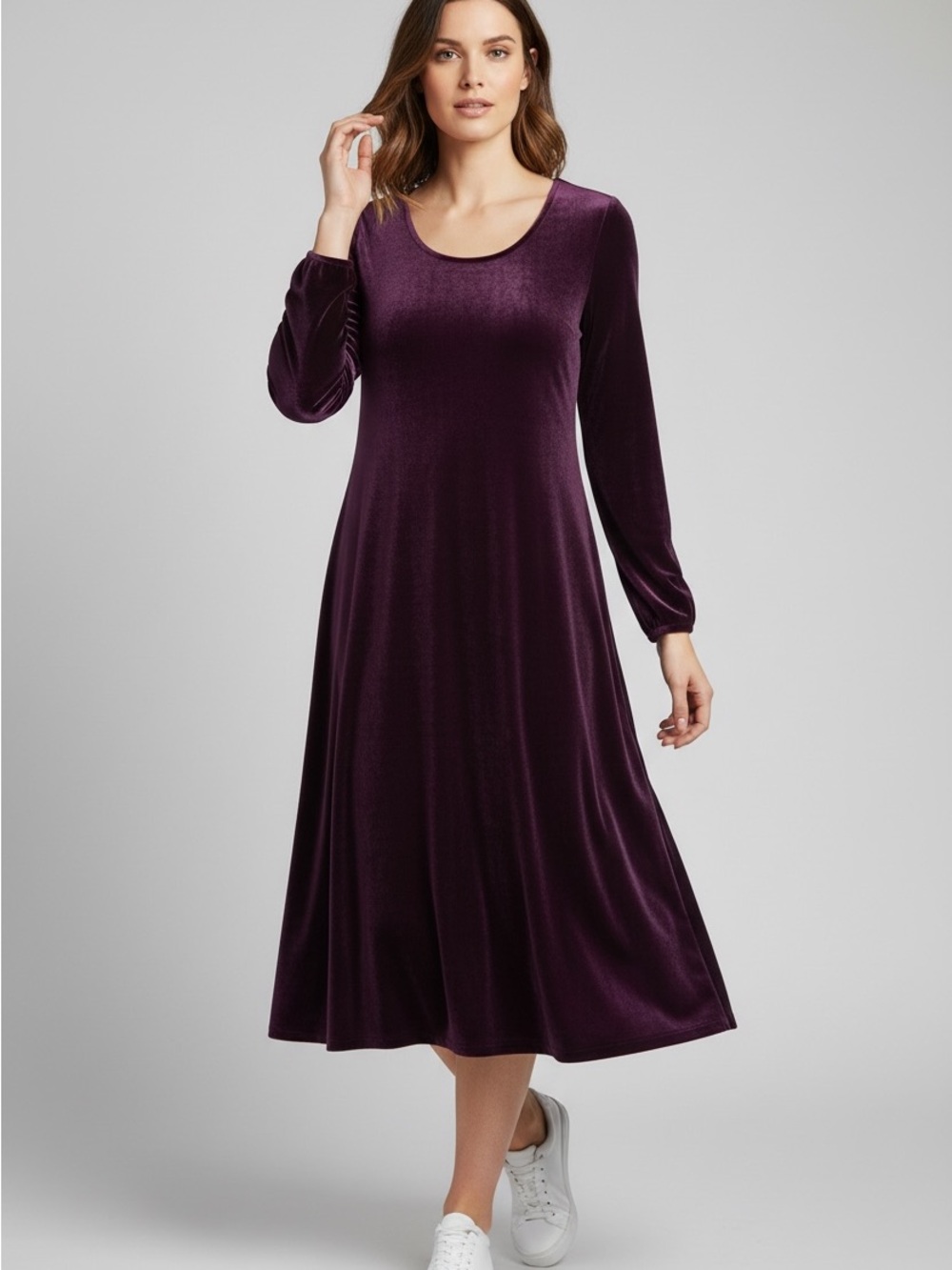 Soft Surroundings Velvet Midi Dress in Plum Whimsigoth Feminine Dress - Pockets!